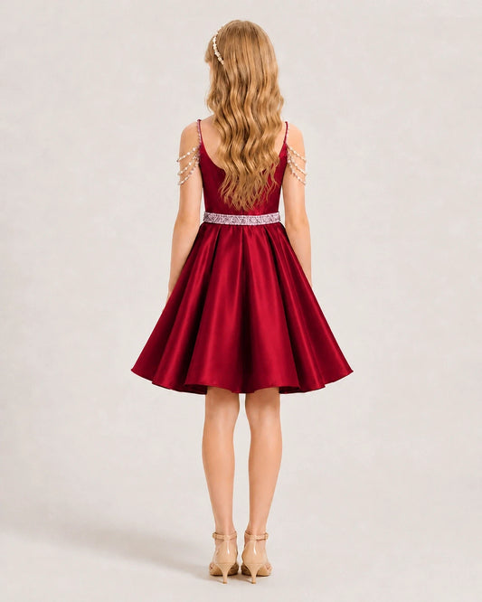 Burgundy Satin A-line Girls Formal Dress Back View
