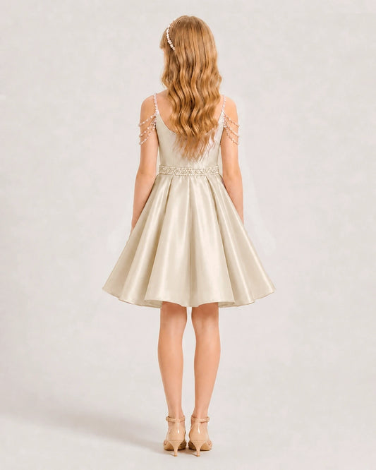 Champagne Satin A-line Girls Formal Dress Back View
