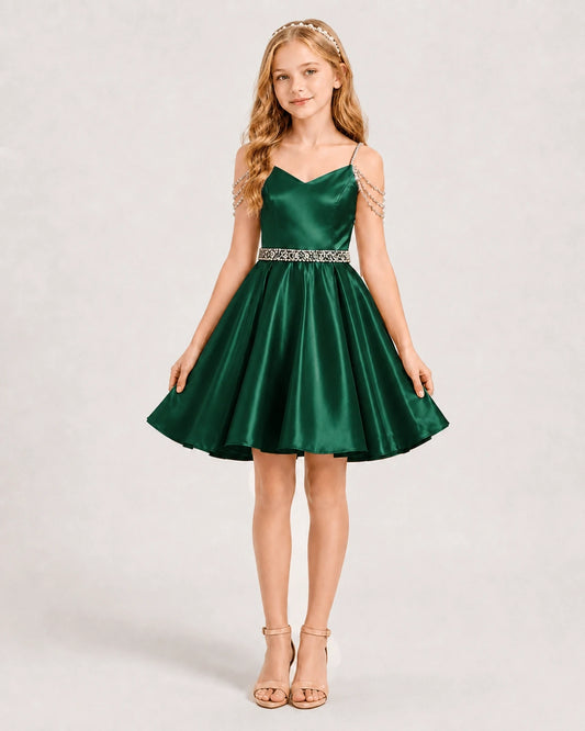 Dark Green Satin A-line Girls Formal Dress Front View