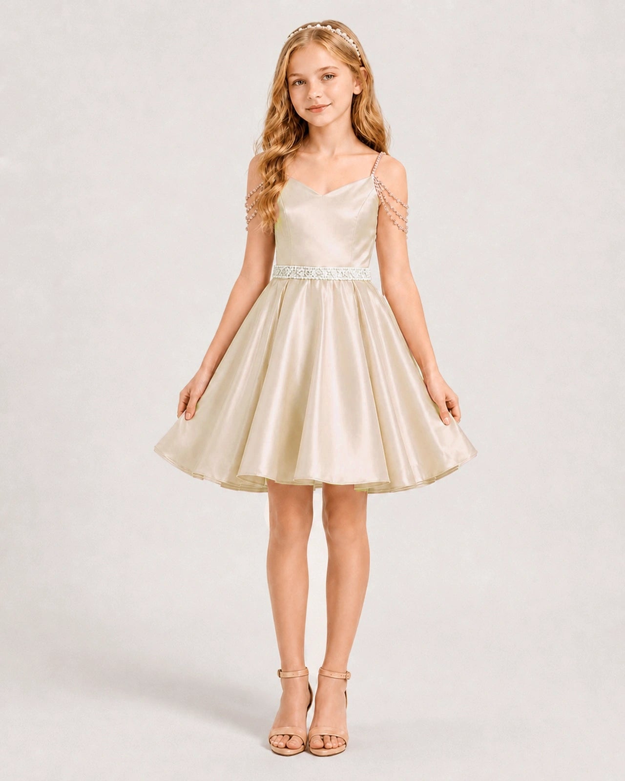 Dideyttawl Sky Blue Junior Bridesmaid Dress Beaded Strap Satin Short Pageant Gown