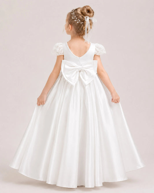 White Satin A-line Flower Girl Dress Back View