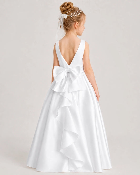 White Satin A-line Flower Girl Dress Back View
