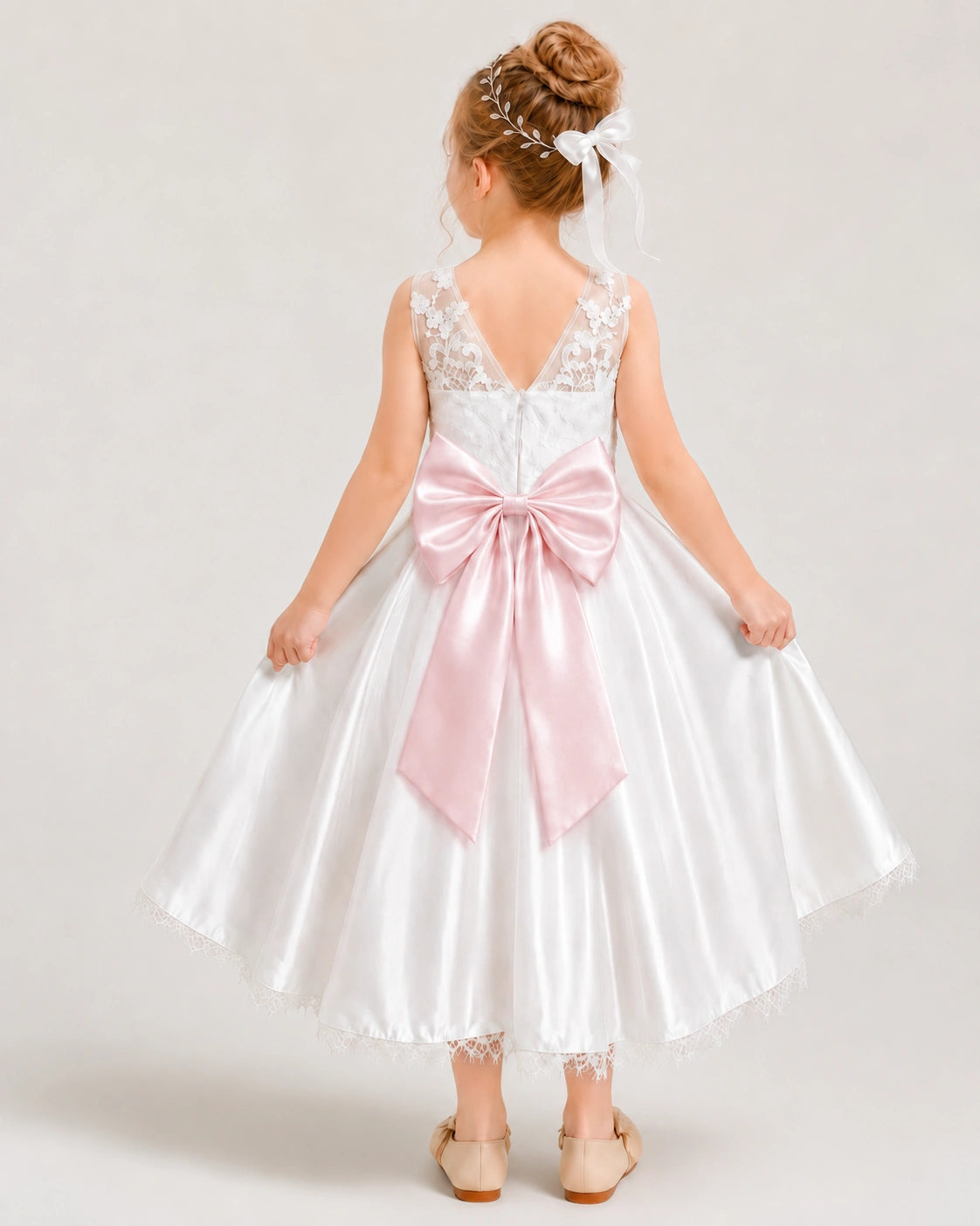 Blush Pink Satin A-line Flower Girl Dress Back View