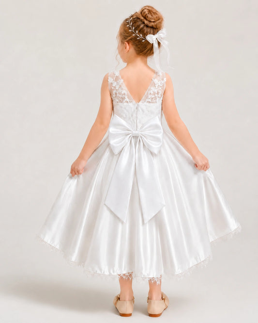 White Satin A-line Flower Girl Dress Back View