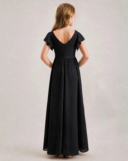 Black Chiffon A-line Junior Bridesmaid Dress Back View