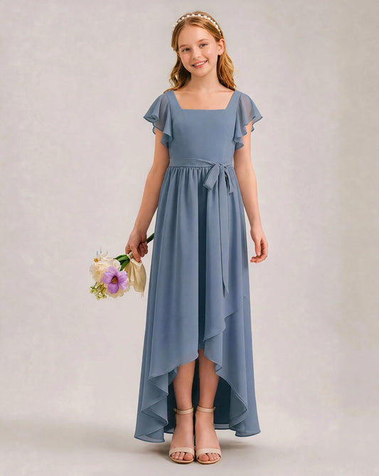 Dusty-Blue Chiffon A-line Junior Bridesmaid Dress Front View