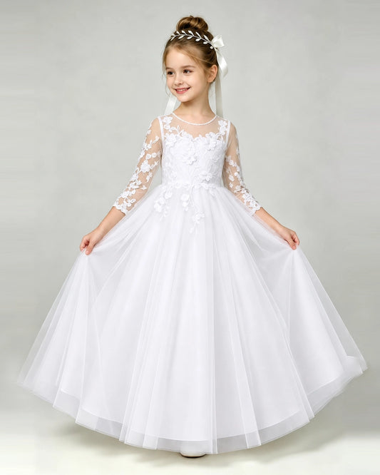 White Tulle A-line First Communion Dress Front View