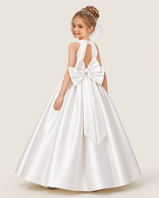 White Satin A-line Flower Girl Dress Back View