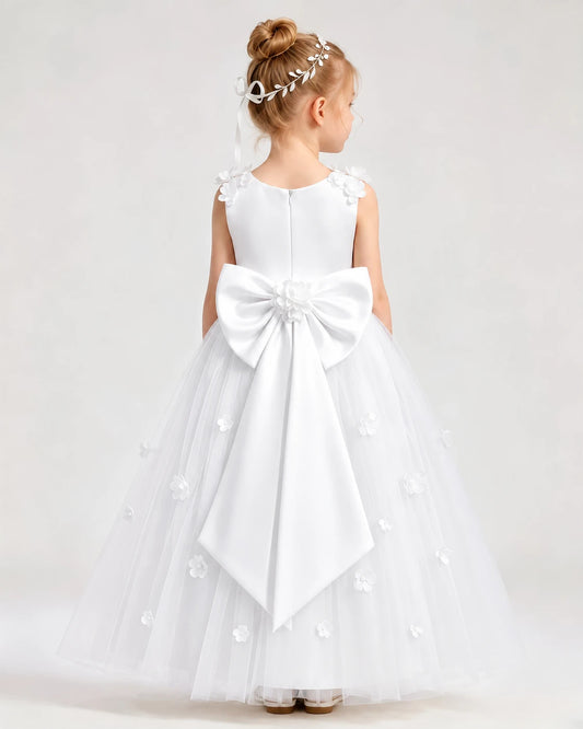 White Tulle A-line Flower Girl Dress Back View