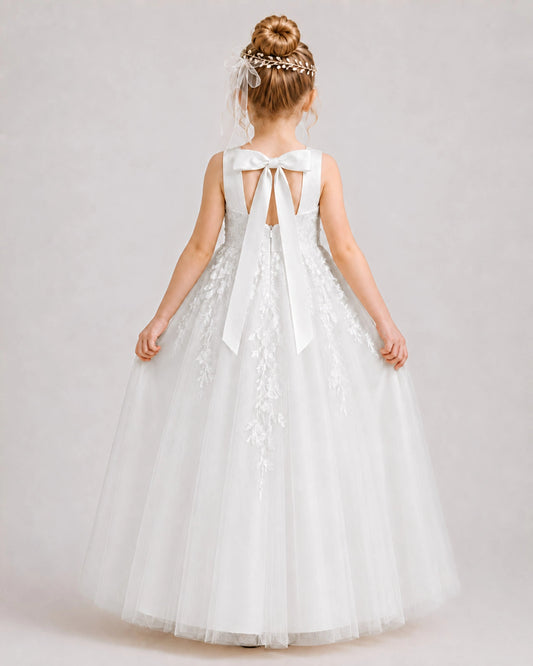 Ivory Tulle A-line Flower Girl Dress Back View