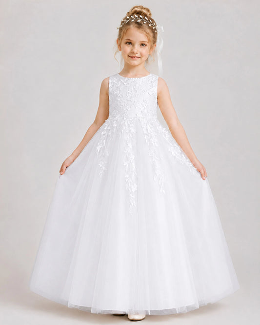 White Tulle A-line Flower Girl Dress Front View