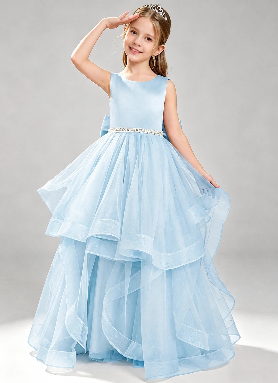Baby Blue Flower Girl Dress Layered Tulle Princess Ball Gown Front View