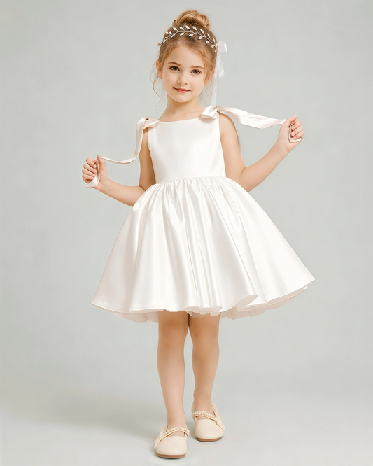 Ivory Satin A-line Girls Formal Dress Front View