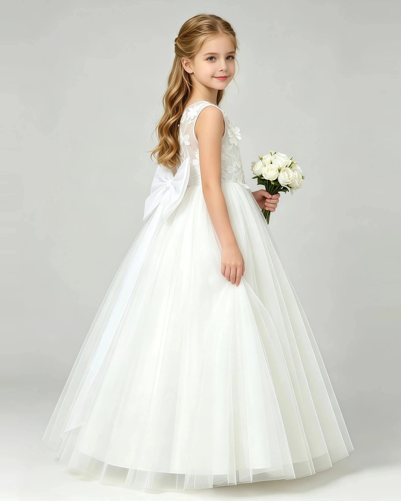 Ivory Tulle A-line Flower Girl Dress Side View