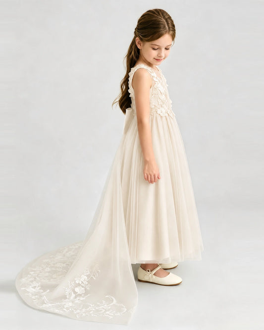 Champagne Tulle A-line Flower Girl Dress Side View