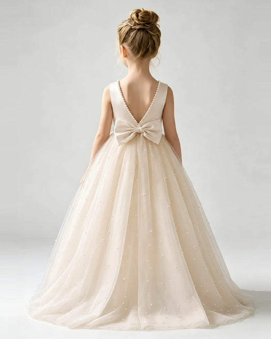 Champagne Tulle A-line Flower Girl Dress Back View