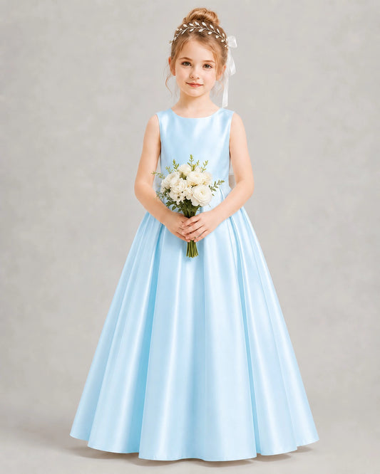 Baby Blue Satin A-line Flower Girl Dress Front View
