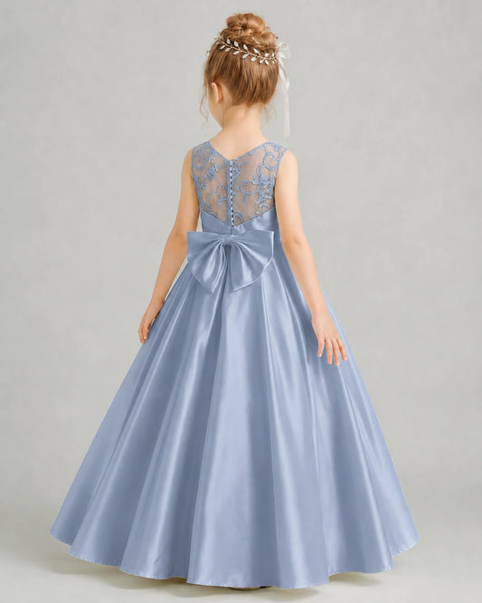 Dusty Blue Satin A-line Flower Girl Dress Back View