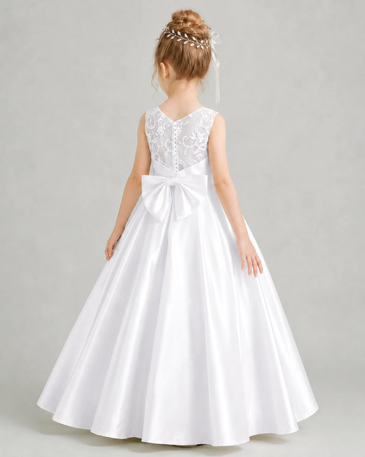 White Satin A-line Flower Girl Dress Back View