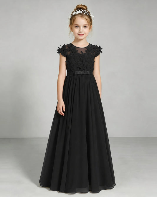 Black Chiffon A-line Junior Bridesmaid Dress Front View