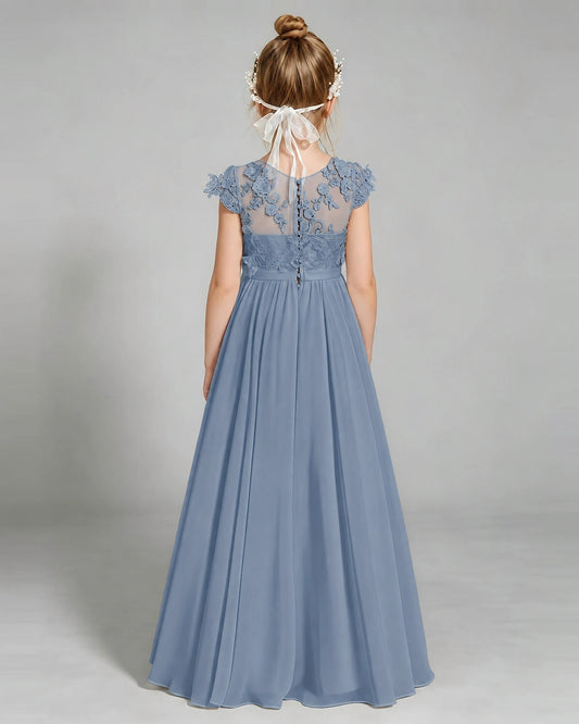 Dusty Blue Chiffon A-line Junior Bridesmaid Dress Back View
