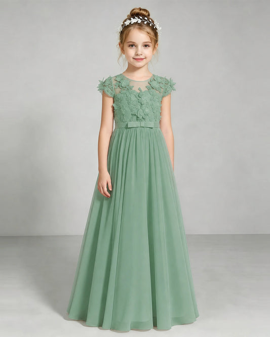 Eucalyptus Tulle A-line Junior Bridesmaid Dress Front View