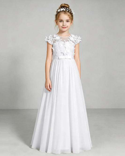 White Chiffon A-line Junior Bridesmaid Dress Front View