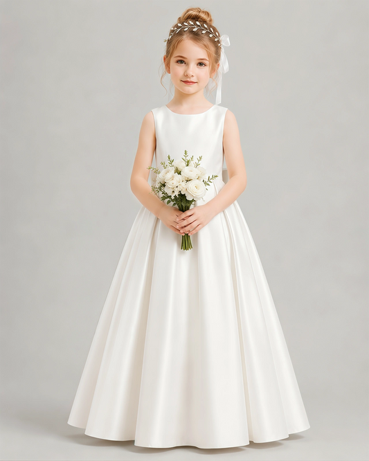 Ivory Satin A-line Flower Girl Dress Front View