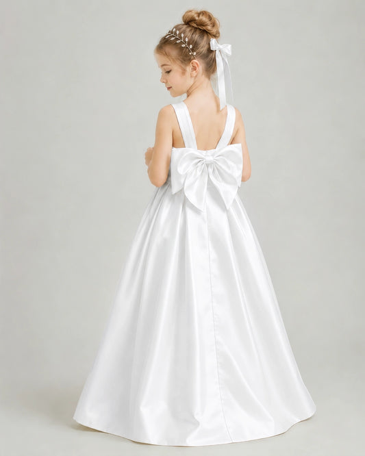White Satin A-line Flower Girl Dress Back View