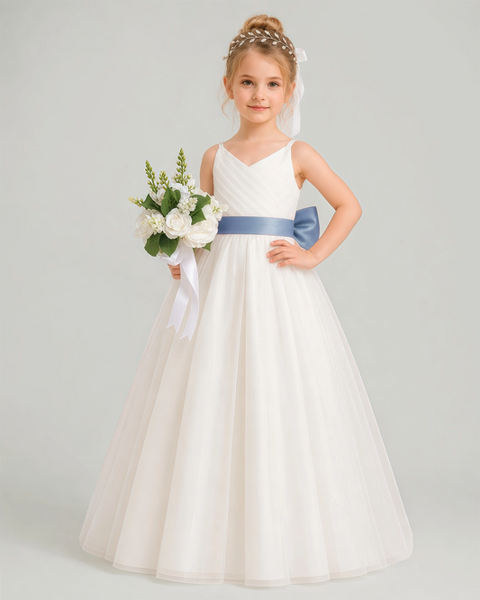Dusty Blue Tulle A-line Flower Girl Dress Front View