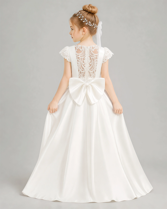 Ivory Satin A-line Flower Girl Dress Back View