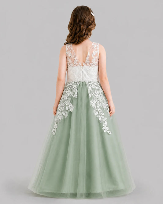 Sage Green Ball Gown Flower Girl Dresses Back