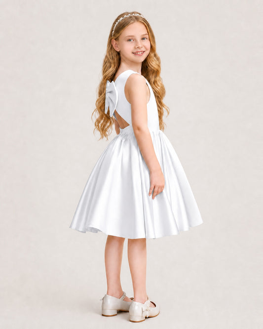 White Satin A-line Junior Bridesmaid Dress Side View