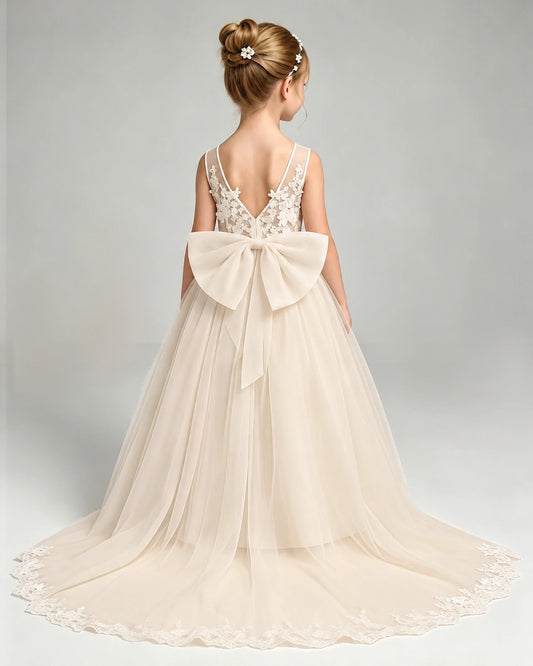 Champagne Tulle A-line Flower Girl Dress Back View