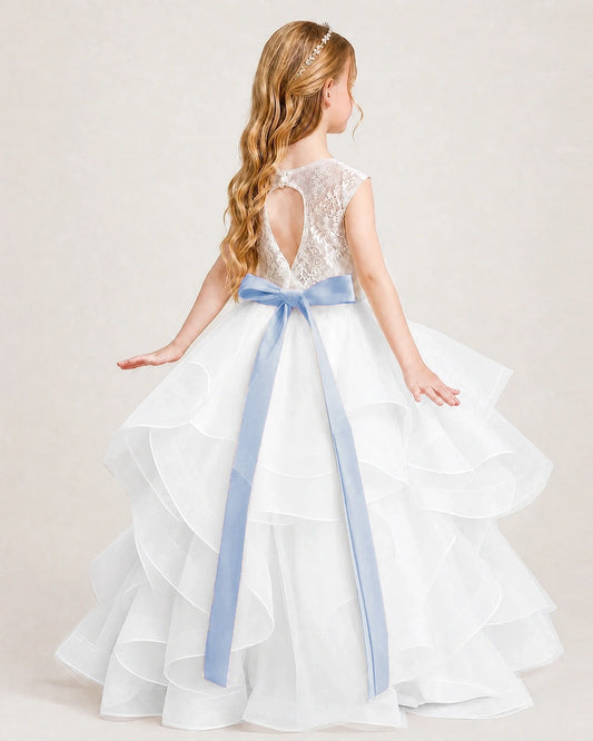 Dusty Blue Lace Ball Gown Girls Formal Dress Back View
