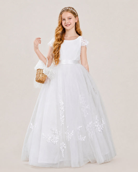 White Tulle A-line Flower Girl Dress Front View
