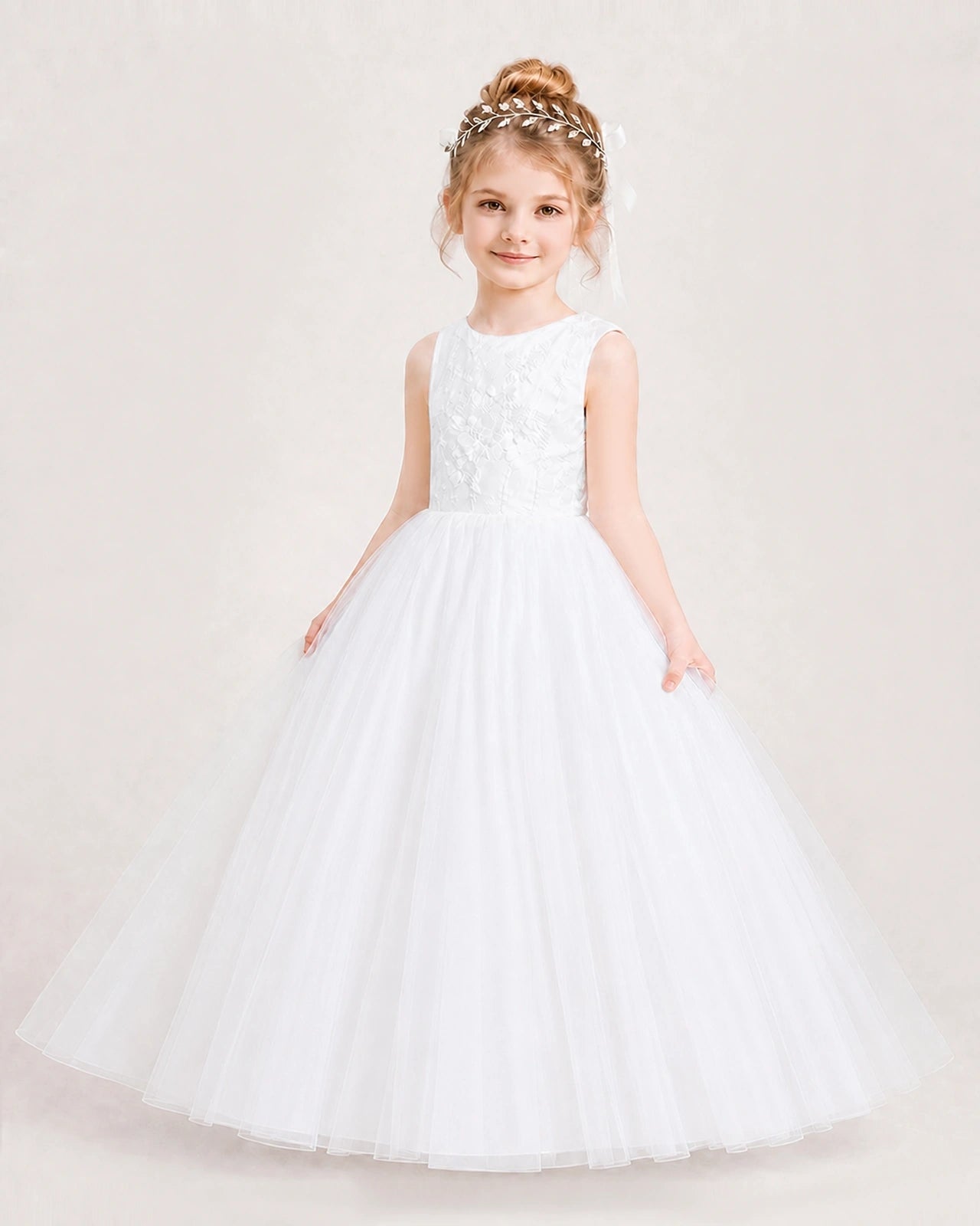 White Flower Girl Dress Lace Bodice Puffy Tulle Princess Gown Front Full Pose Front View