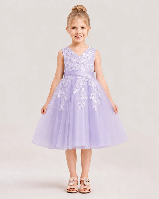 Lavender Satin Tulle V-Neck A-Line Flower Girl Dresses Front View