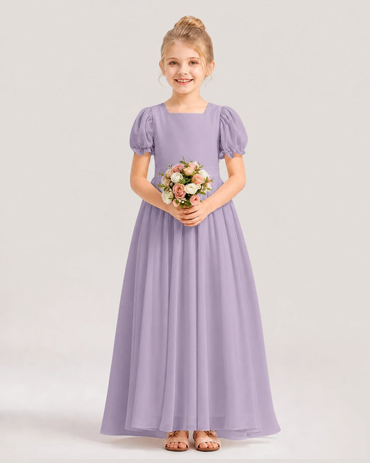 Wisteria Chiffon Puff Sleeve A-Line Flower Girl Dresses Front View