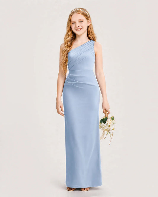 Dusty Blue Satin Sheath Junior Bridesmaid Dress Front View