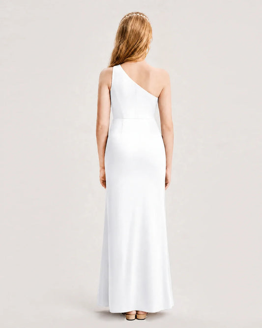 White Satin Sheath Junior Bridesmaid Dress Back View
