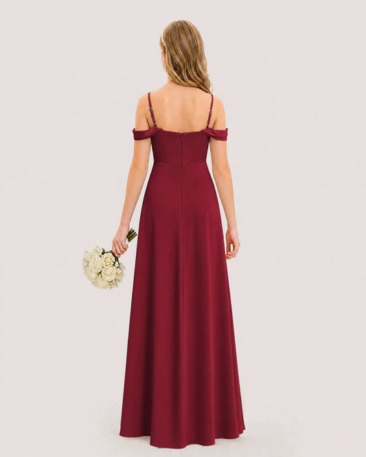 Burgundy Satin Cold Shoulder A-Line Junior Bridesmaid Dresses Back View