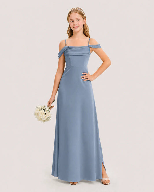 Dusty Blue Satin Cold-Shoulder Junior Bridesmaid Dress Front View