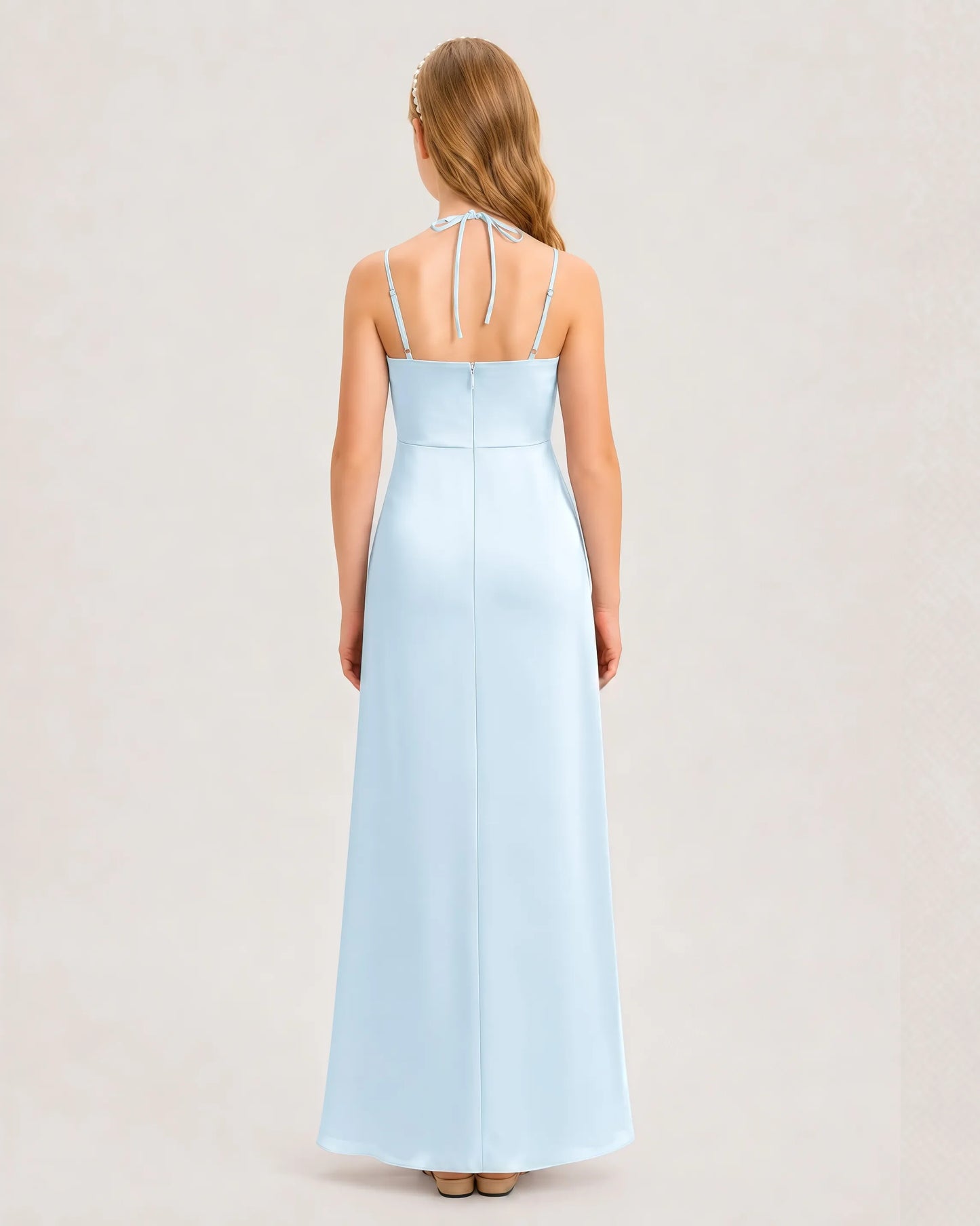 Dideyttawl Ruched Satin Halter Neck Junior Bridesmaid Dress with Side Slit