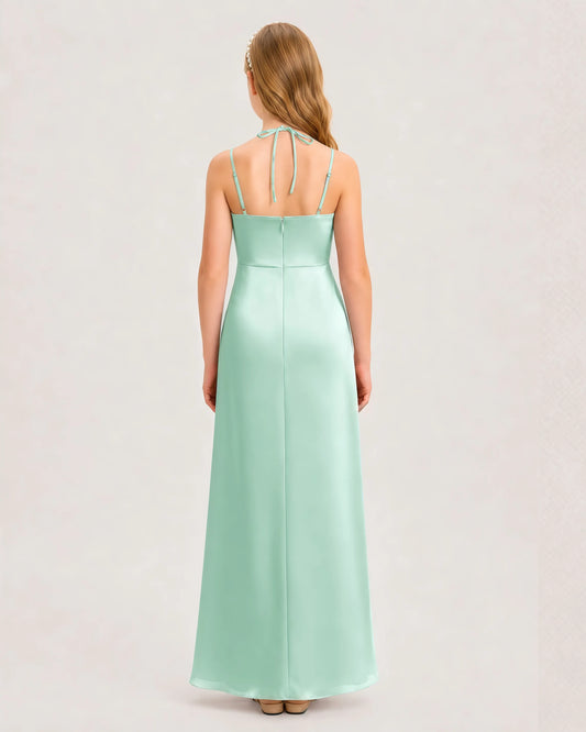 Mint Green Satin Halter Junior Bridesmaid Dresses Back View