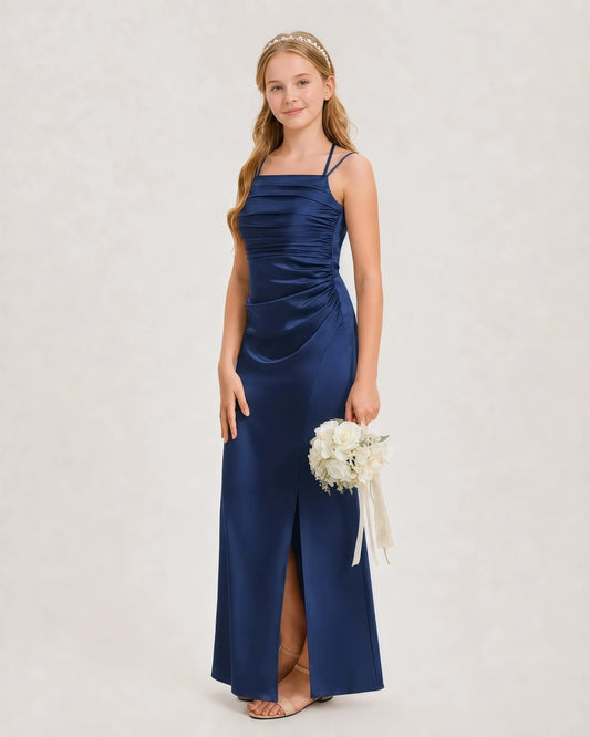 Navy Blue Satin Ruched Junior Bridesmaid Dresses Side View