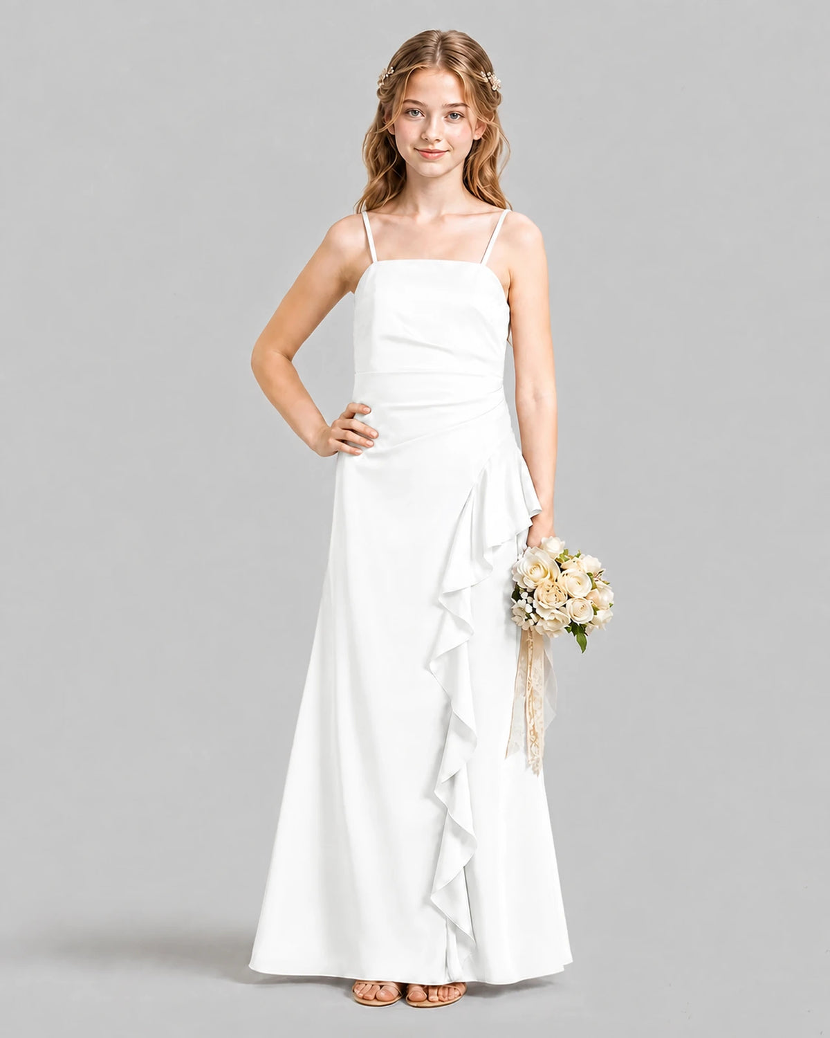 White A-line Junior Bridesmaid Dresses Pose
