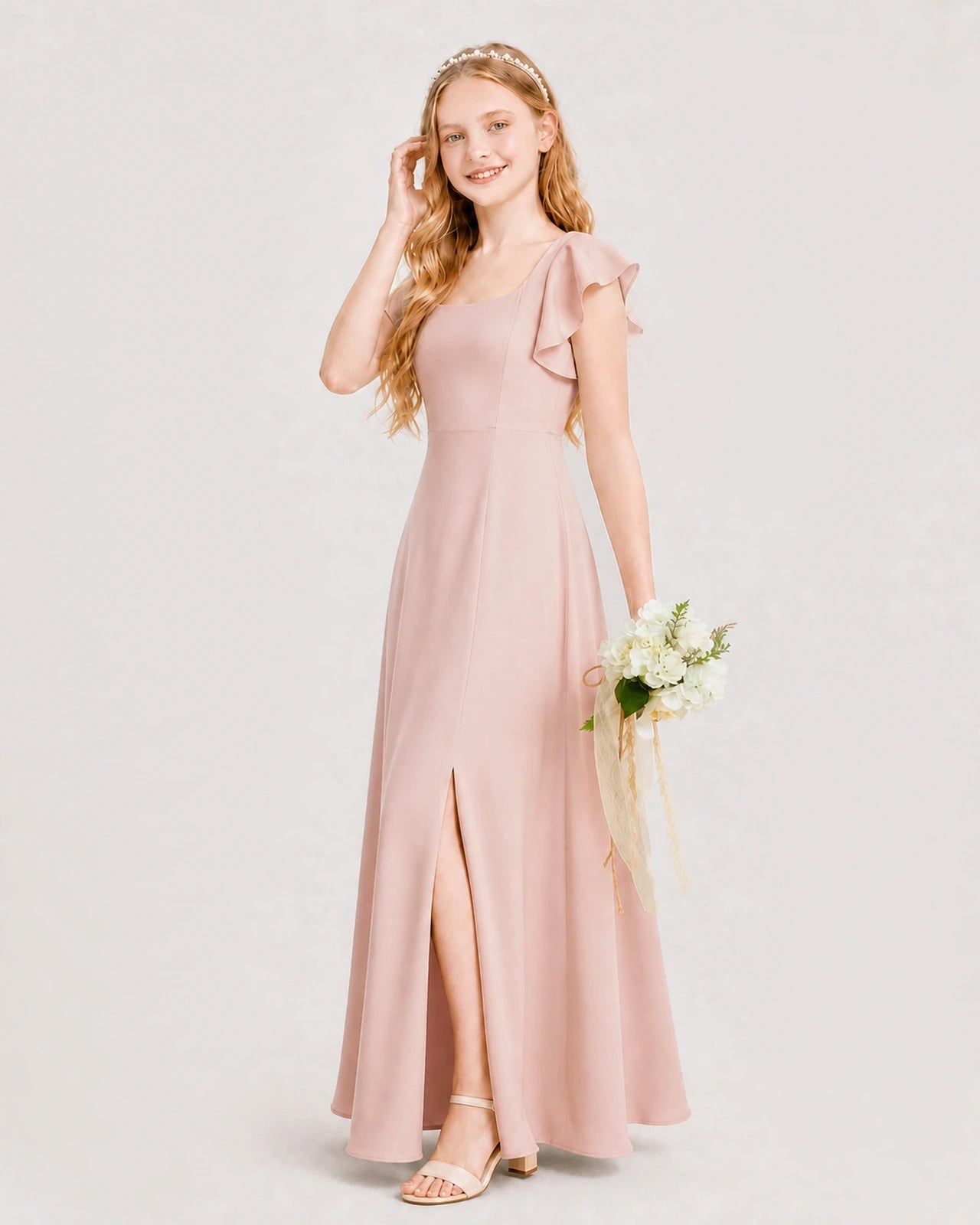 Blush Pink Chiffon A-line Junior Bridesmaid Dress Side View