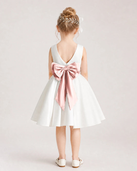 Blush Pink Satin Flower Girl Dress Back View