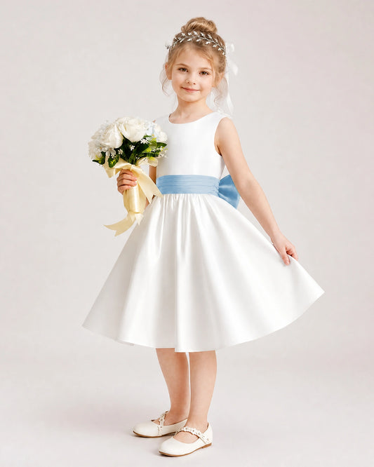 Dusty Blue Satin Flower Girl Dress Side View